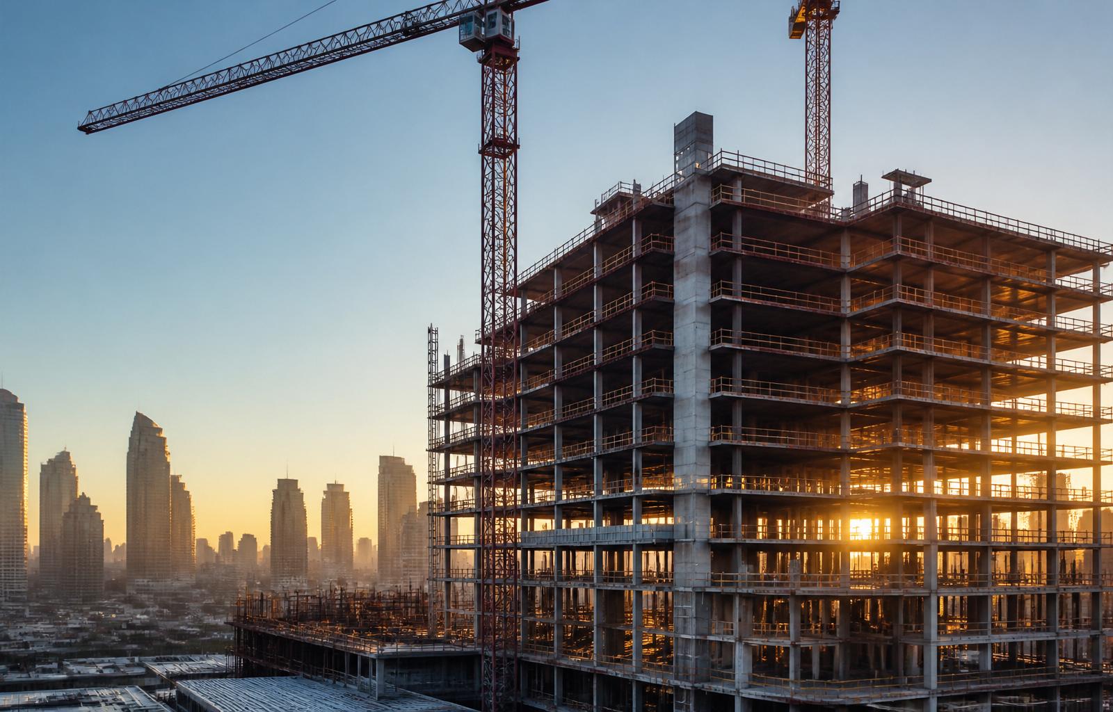 Active tower construction at sunrise
