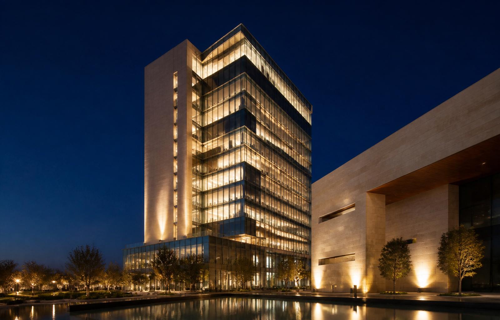 Glass-and-limestone commercial tower at dusk